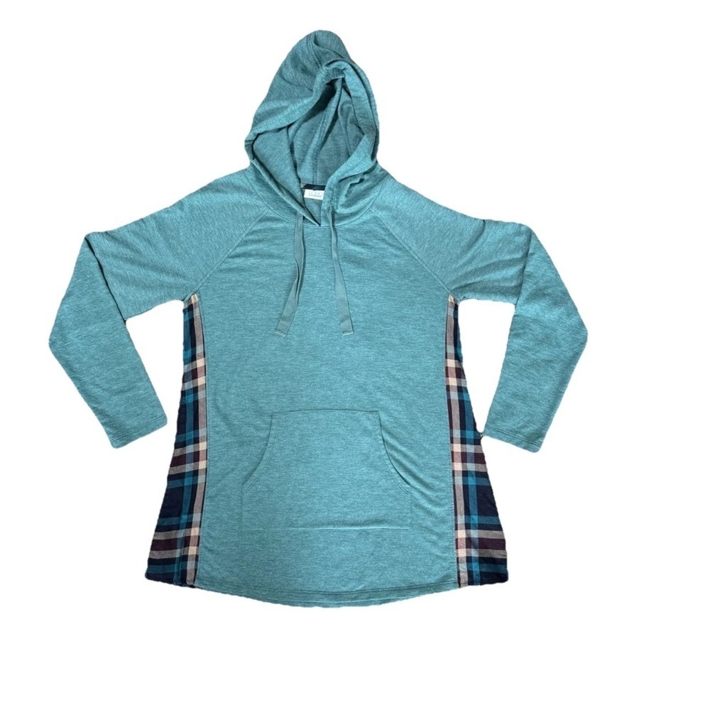 LOGO Lounge Lori Goldstein Teal Green Plaid Side Panel Hoodie Top Tunic Size XS